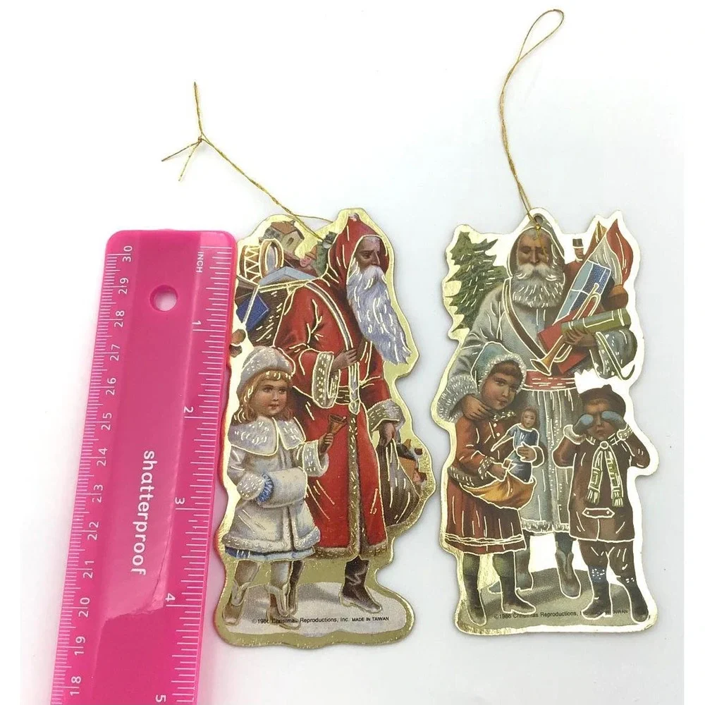 VTG Christmas Reproductions 80's Paper Foil Die Cut Ornaments 5 Santa Victorian